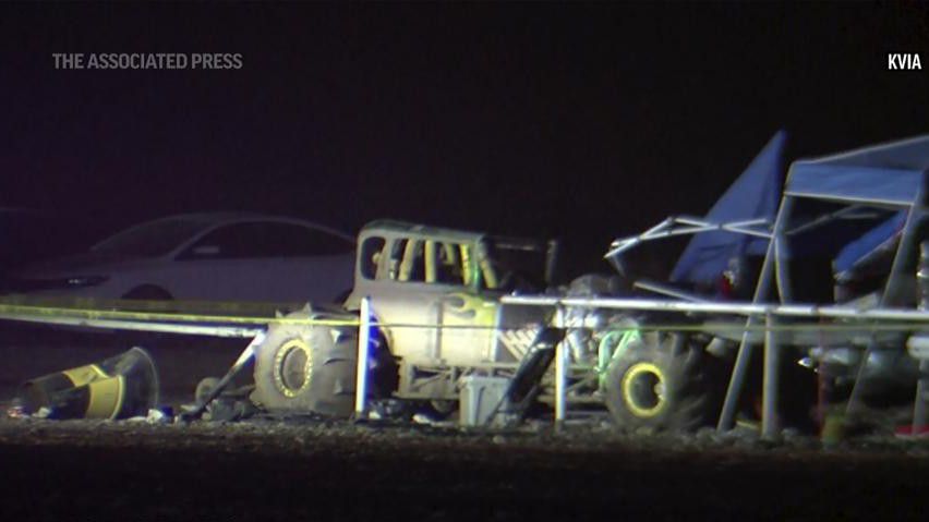 This image from a video, shows cars and tents after a vehicle plowed into a crowd at a mud racing event in Fabens, Texas, Monday, June 14, 2021. (KVIA via AP)