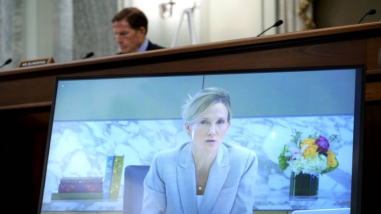 Antigone Davis, Facebook's global head of safety, testifies virtually Thursday before the Senate Subcommittee on Consumer Protection, Product Safety and Data Security. (AP Photo/Patrick Semansky)