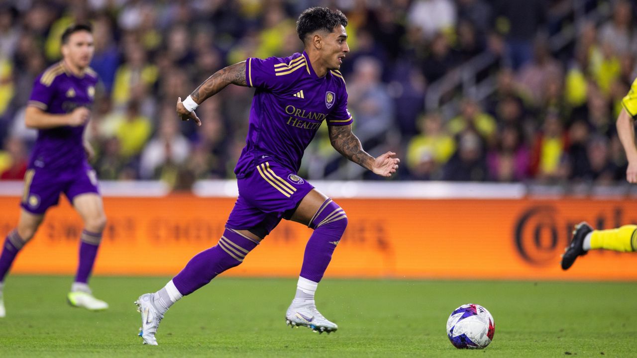 Forward Facundo Torres, pictured playing in the 2023 MLS playoffs, will continue his career on the pitch with Orlando City SC for at least three more years. (Courtesy of Orlando City Soccer/Mark Thor)