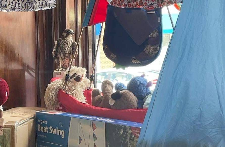 One photo. Cutline: The bird seen here is a Peregrine falcon that had become trapped in a business in downtown Ellsworth on Saturday. Police were called to report the "big hawk" had been flying into the window to escape. Police wrapped the bird in a jacket and released it safely outside the store. (Ellsworth Police Department)