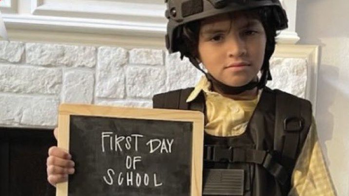 In the Mothers Against Greg Abbott's most recent ad, a young boy is featured wearing body armor on his first day of school. (Mothers Against Greg Abbott)