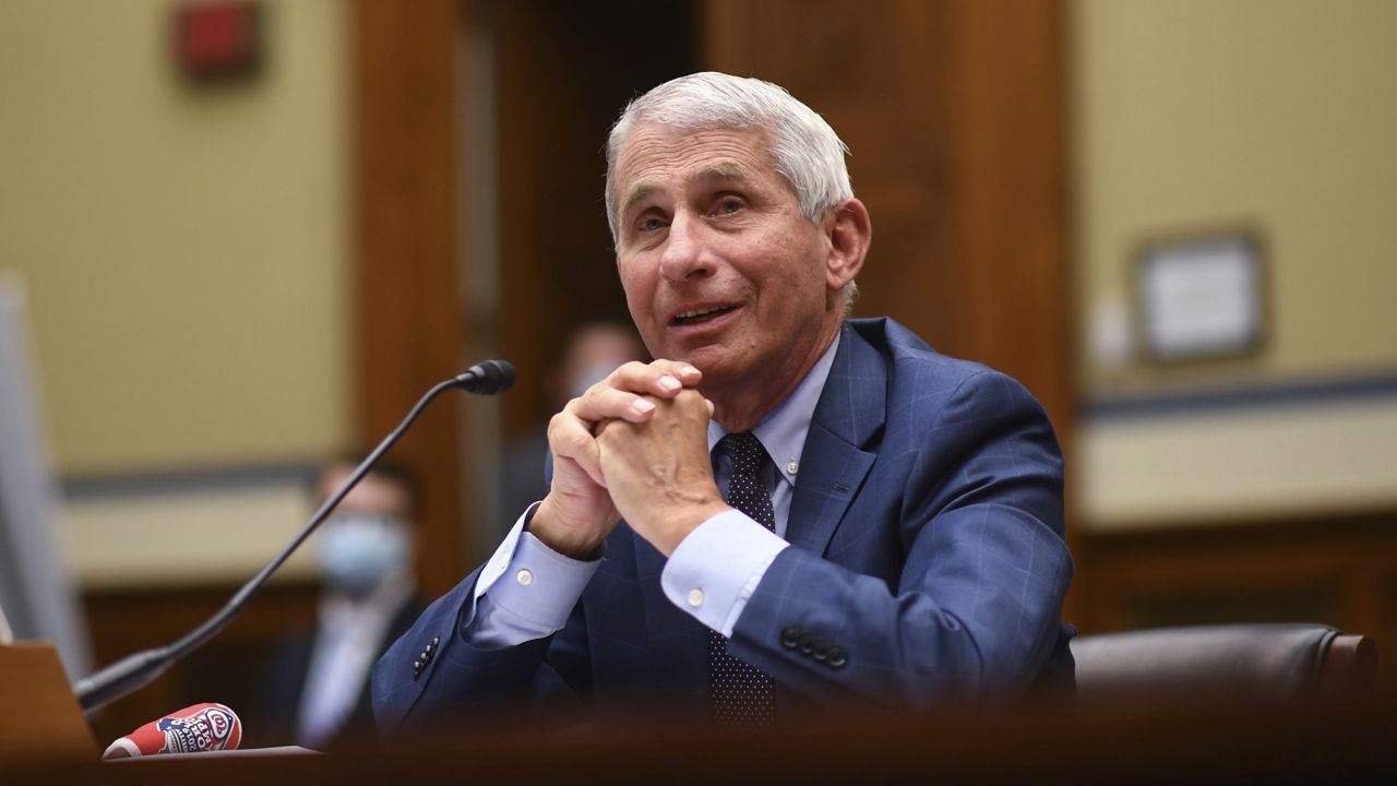 FILE - In this July 31, 2020, file photo, Dr. Anthony Fauci, the U.S. government's top infectious disease expert, testifies during a House Subcommittee hearing on the coronavirus crisis on Capitol Hill in Washington. (Kevin Dietsch/Pool via AP, File)