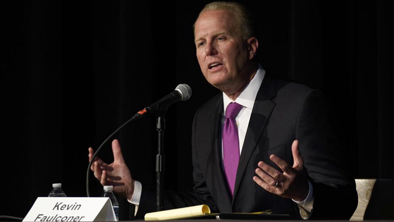 Republican gubernatorial recall candidate, former San Diego Mayor Kevin Faulconer, responds to a question during a debate held by the Sacramento Press Club in Sacramento, Calif., Tuesday, Aug. 17, 2021. (AP Photo/Rich Pedroncelli)