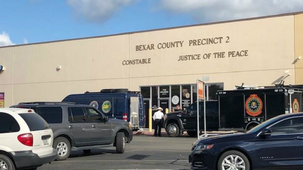 FBI and Texas Rangers vehicles are visible at Bexar County Precinct 2 Constable's Office during a raid on September 23, 2019. (Alese Underwood/Spectrum News)