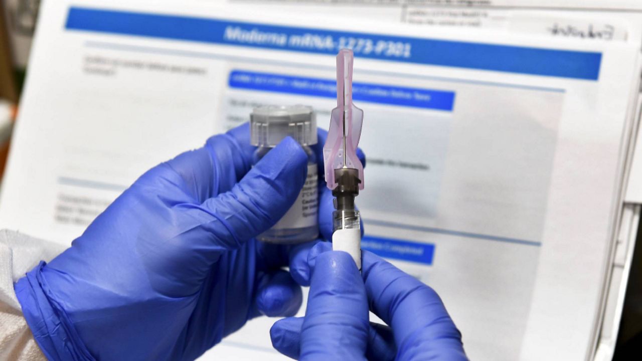 FILE - A nurse prepares a shot of a possible COVID-19 vaccine developed by Moderna Inc. (AP Photo/Hans Pennink, File)