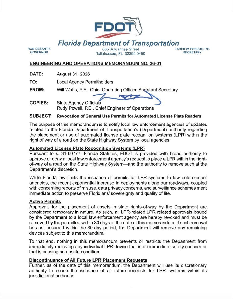 FDOT orders removal of Flock cameras along Florida highways