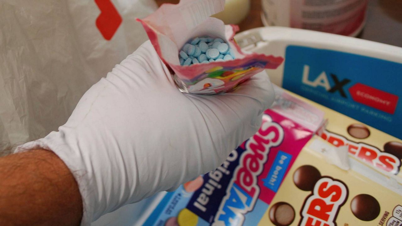 This image provided by the Los Angeles County Sheriff's Department shows suspected fentanyl pills seized at the LAX Airport on Oct. 19, 2022. (Los Angeles County Sheriffs Department via AP)