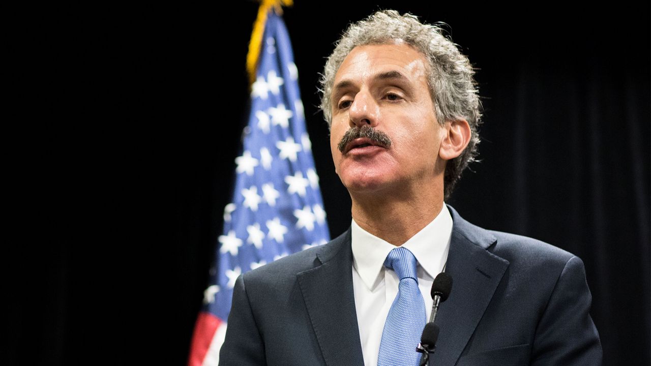 Los Angeles City Attorney Mike Feuer speaks to the press during the inaugural National Prosecutorial Summit, Oct. 21, 2014 in Atlanta.  (AP Photo/Branden Camp)