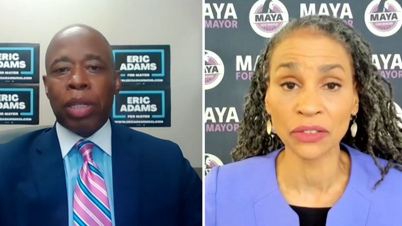 File photos of Democratic mayoral candidates Eric Adams, left, and Maya Wiley.