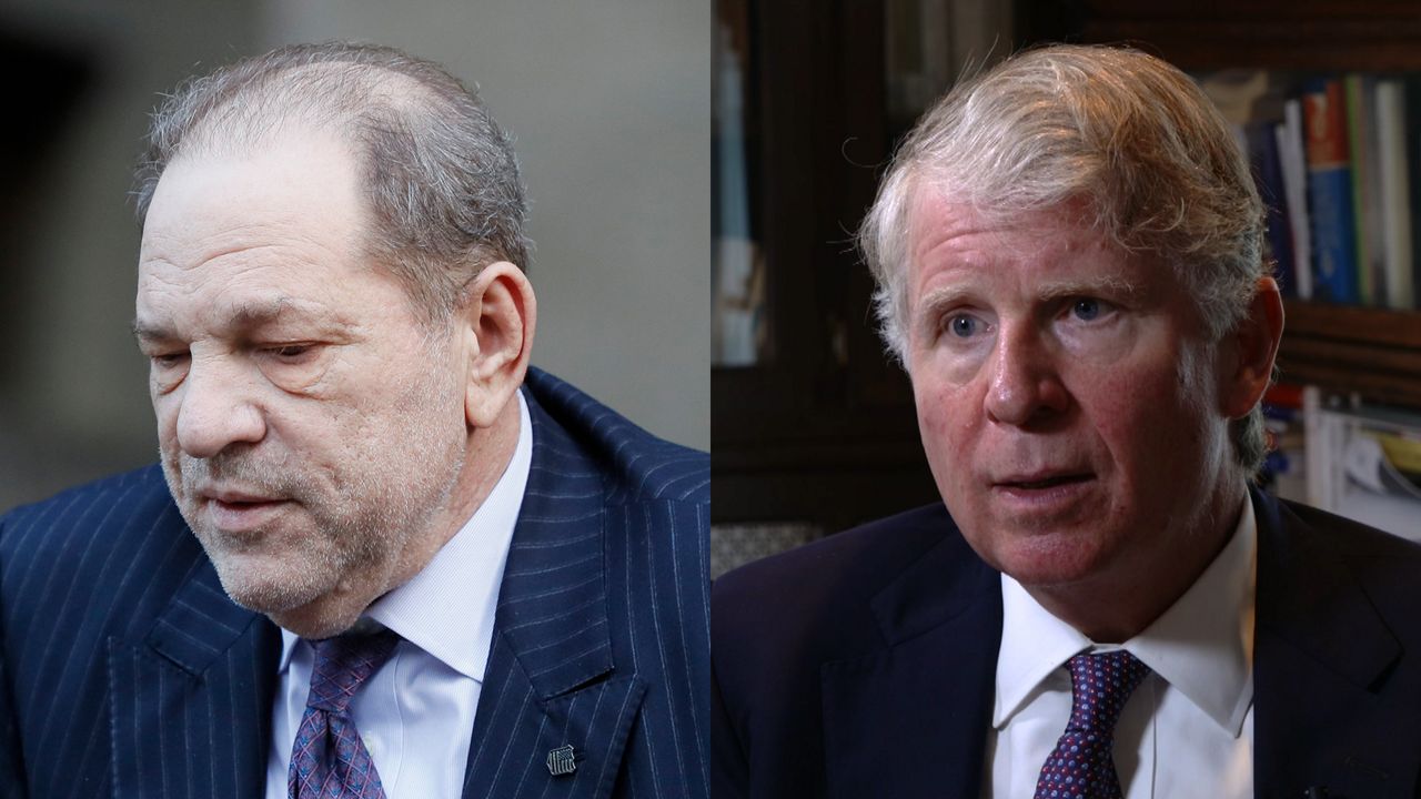 Harvey Weinstein, left, wearing a navy blue suit jacket with white stripes, a white dress shirt, and a purple tie; Manhattan District Attorney Cy Vance, wearing a black suit jacket, a white dress shirt, a purple tie and white spots.