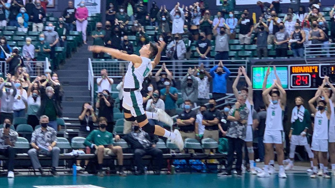 Hawaii hitter Filip Humler went up for a serve on match point in UH's sweep of Edward Waters University on Friday night. 