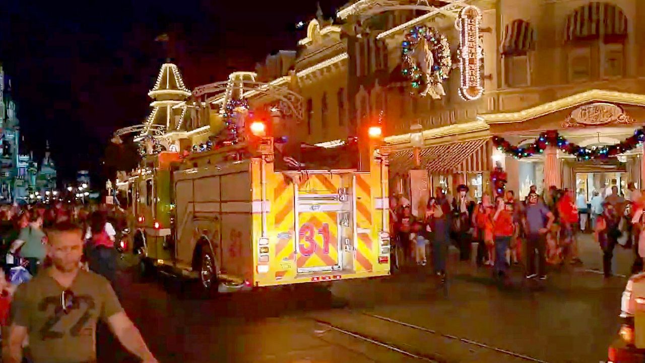 Firefighters respond Tuesday night to a report of a small fire at Disney World's Magic Kingdom. (Twitter: @Coastercrew)