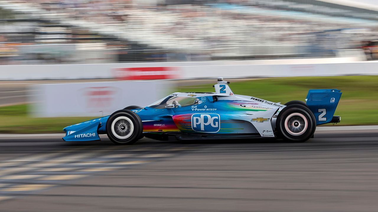 Pole sitter Team Penske driver Josef Newgarden #2 of United States warms up for the IndyCar Firestone Grand Prix of St. Petersburg auto race, Sunday March 10, 2024, in St. Petersburg, Fla. (AP Photo/Mike Carlson)