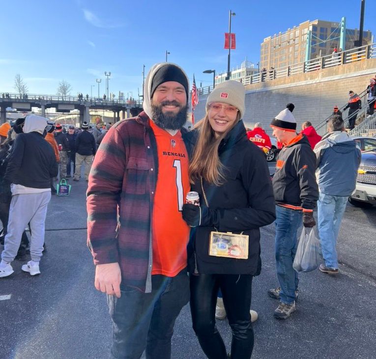 Sam Mustian and Emily Witt (R) in Lot B outside Paycor Stadium in Cincinnati before a Bengals-Chiefs game. (Photo courtesy of Emily Witt)