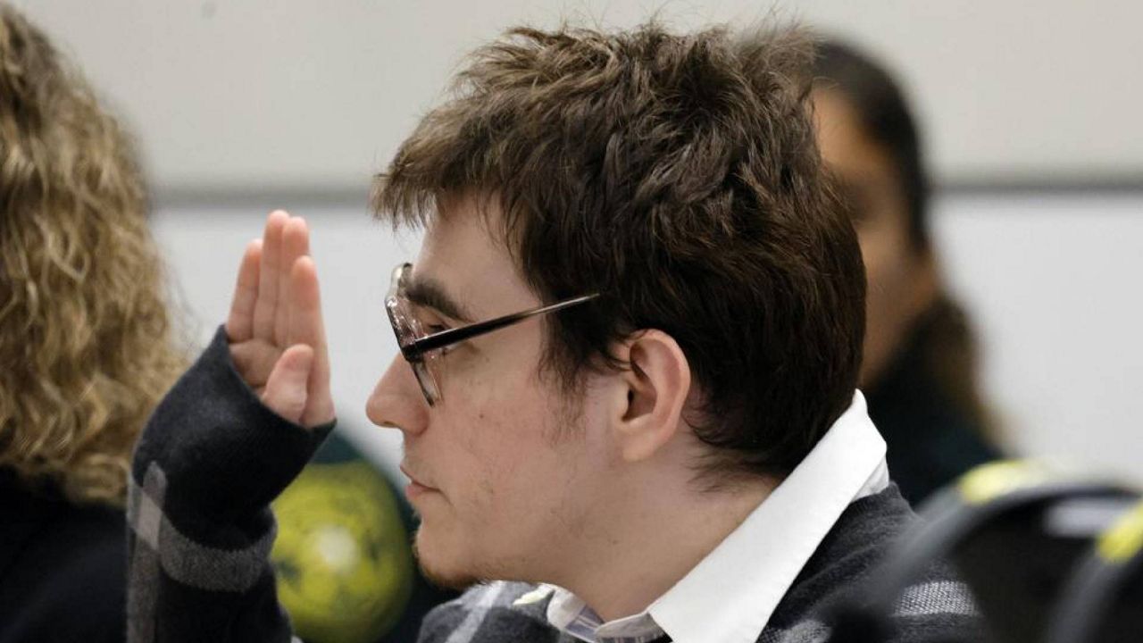 Marjory Stoneman Douglas High School shooter Nikolas Cruz is sworn in during the penalty phase of Cruz's trial at the Broward County Courthouse in Fort Lauderdale on Wednesday, Sept. 14, 2022. (Amy Beth Bennett/South Florida Sun Sentinel via AP, Pool)