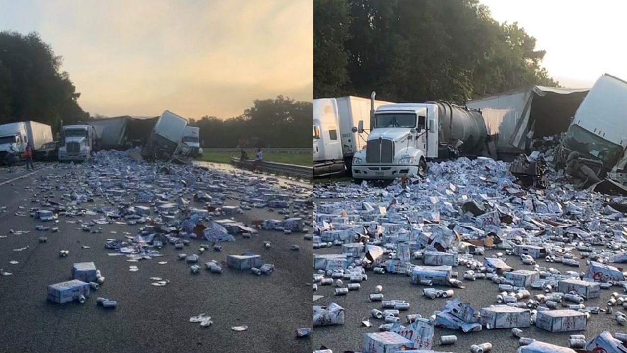 I-75 southbound in Hernando County was filled with cases of Coors Light beer that spilled following a crash on Wednesday morning. (Photo courtesy of Florida Highway Patrol)