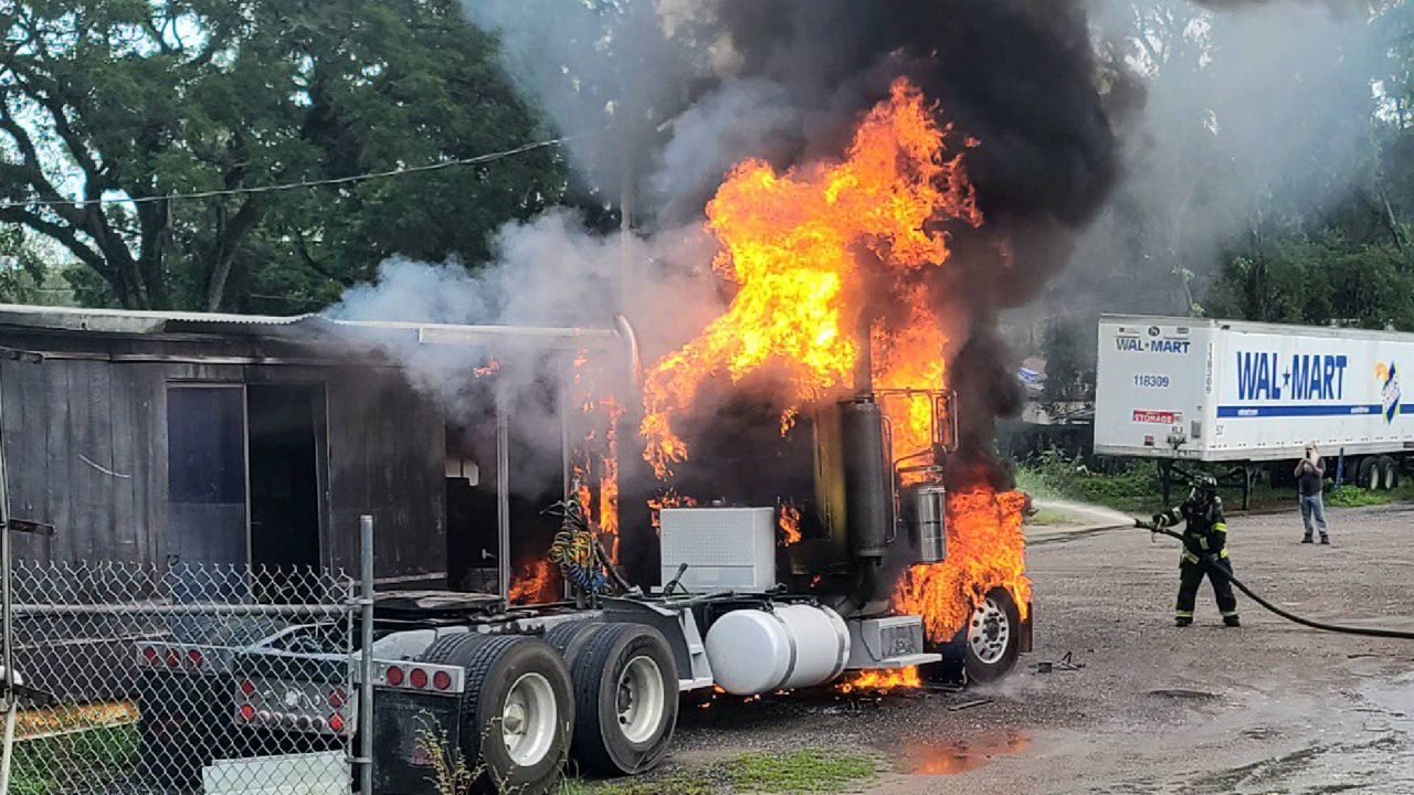 A semi-truck caught on fire Sunday, causing a fire in a mobile home also. Hillsborough County Fire Rescue said it happened on 20th Ave. South in Tampa at 4:30 p.m. (Hillsborough County Fire Rescue)