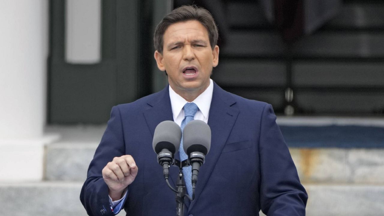 Florida Gov. Ron DeSantis speaks after being sworn in to begin his second term during an inauguration ceremony outside the Old Capitol on Jan. 3, 2023, in Tallahassee, Fla. DeSantis has adopted a more cautious approach as as thousands of Cuban migrants flocked to Florida in recent weeks. The governor, who is a top Republican presidential prospect, activated the National Guard late last week. (AP Photo/Lynne Sladky, File)