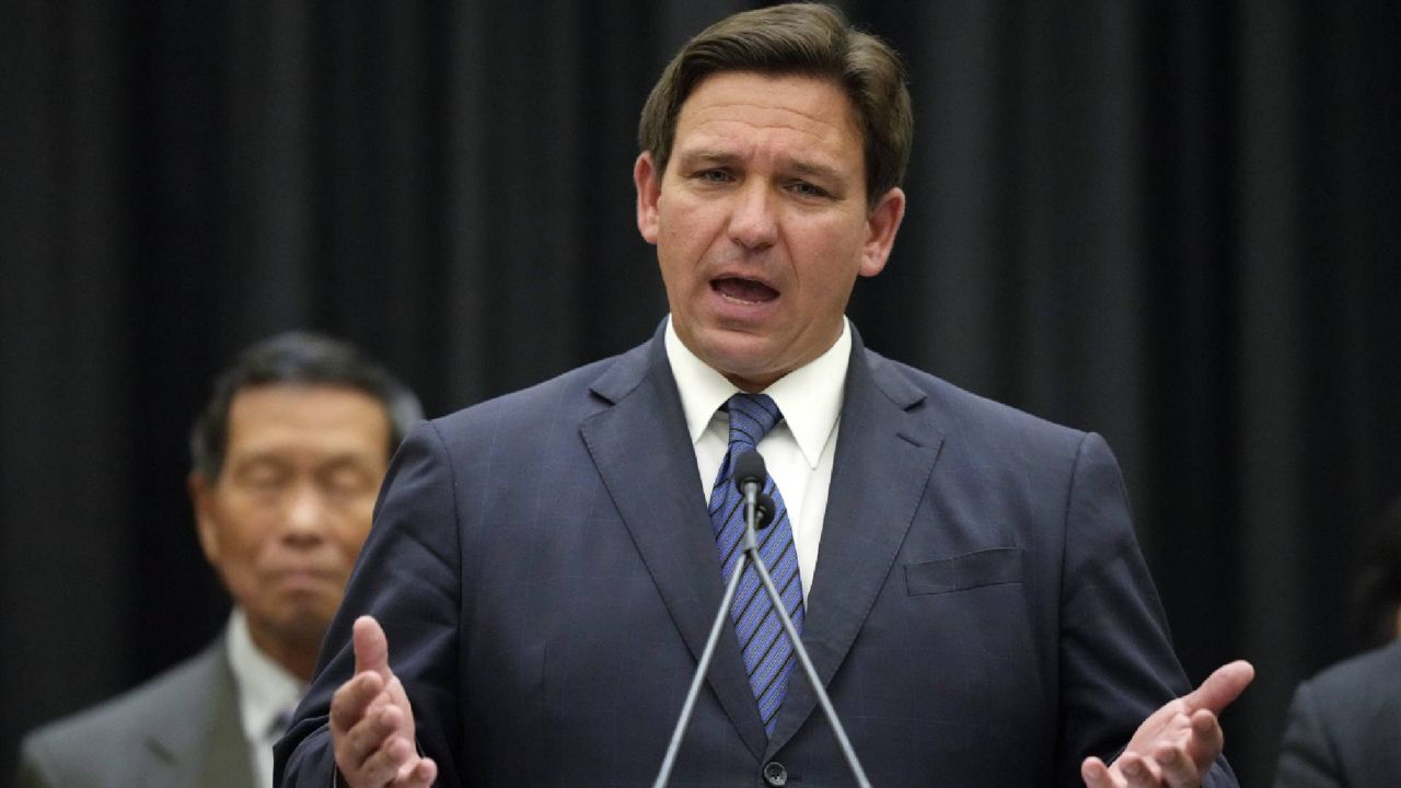 Florida Gov. Ron DeSantis speaks during a press conference, Thursday, Sept. 22, 2022, in Miami. (AP Photo/Rebecca Blackwell)