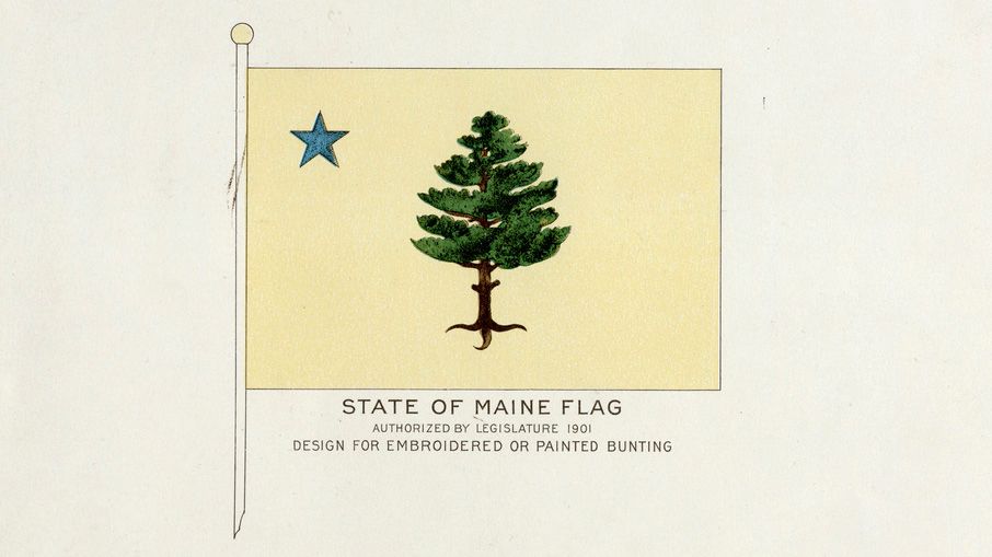 This undated photo from the Maine Historical society shows an early image of the state’s original flag with a simple pine tree and star that used from 1901 to 1909. Maine voters will decide in November whether to replace the state's current flag with one that’s similar to the original flag. (Collections of Maine Historical Society via AP)