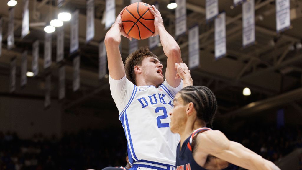 Duke's Cooper Flagg (2) drives during the first half of an exhibition NCAA college basketball game against Lincoln in Durham, N.C., Saturday, Oct. 19, 2024. (AP Photo/Ben McKeown)