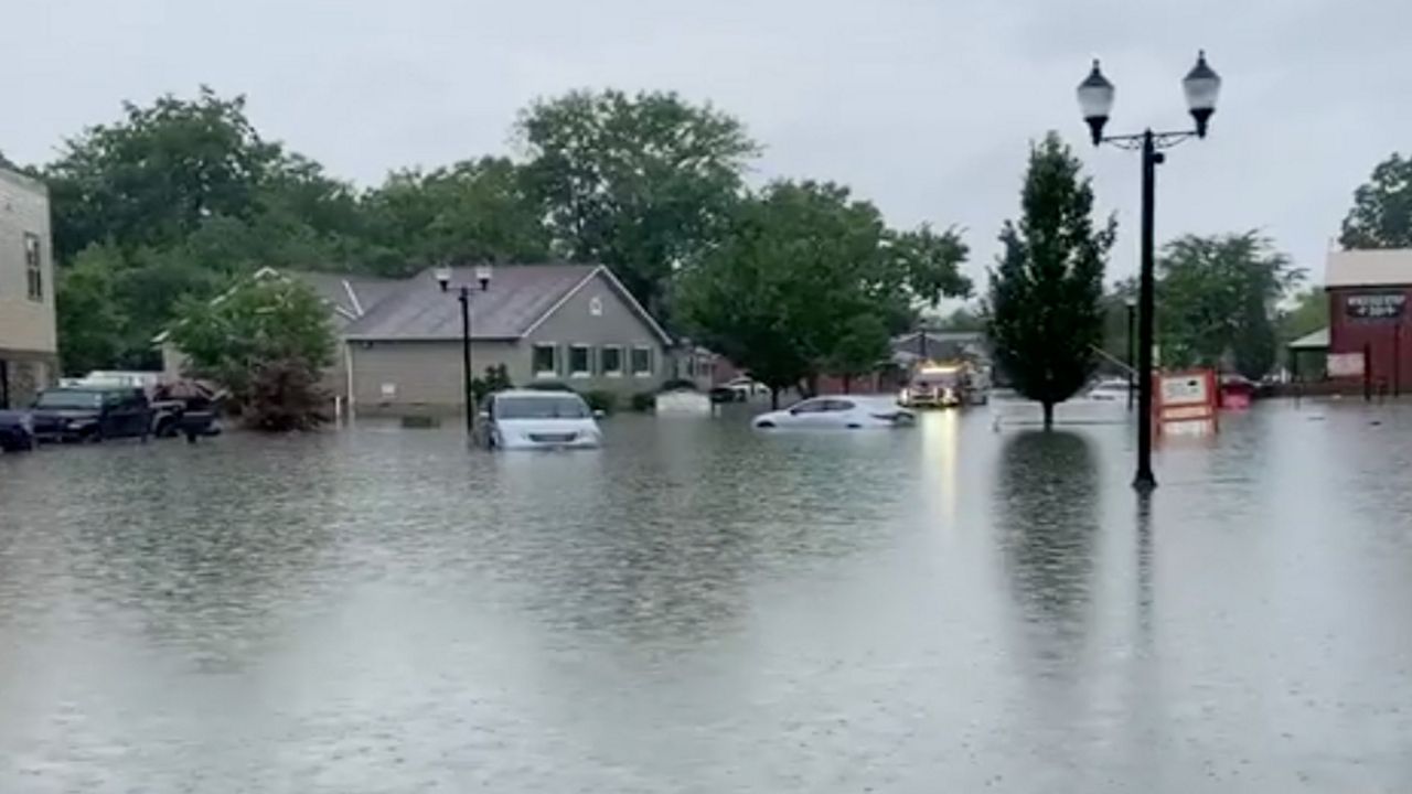 Flooding in "Old Town" St. Peters, Mo along Main Street after a foot of rain fell on July 26, 2022. Spectrum News/Stacy Lynn