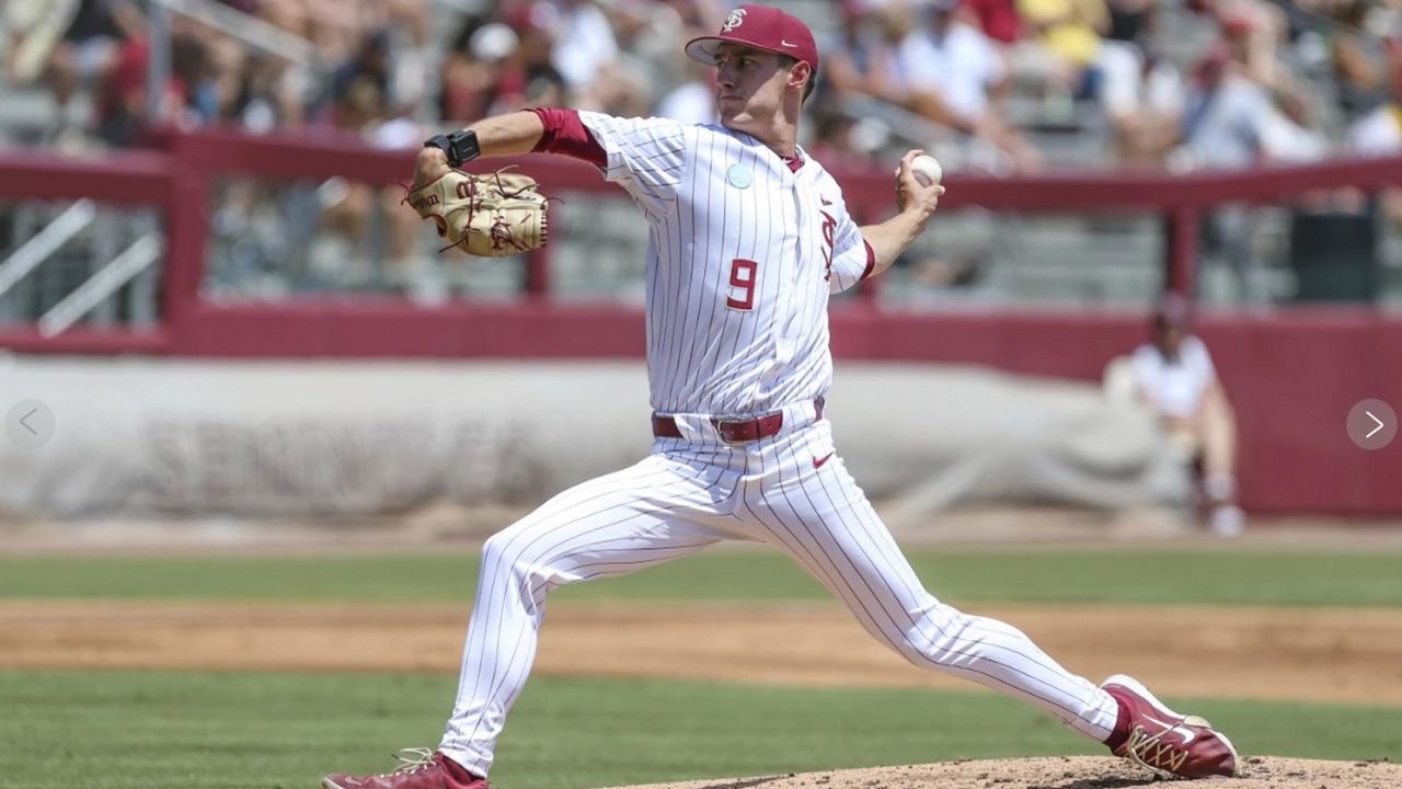 Florida State pitcher Carson Dorsey gave up 9 hits and 2 runs after pitching into the 9th inning in a 7-2 victory against Stetson at the NCAA Tallahassee Baseball Regional Tournament on May 31, 2024. (AP Photo/Gary McCullough)