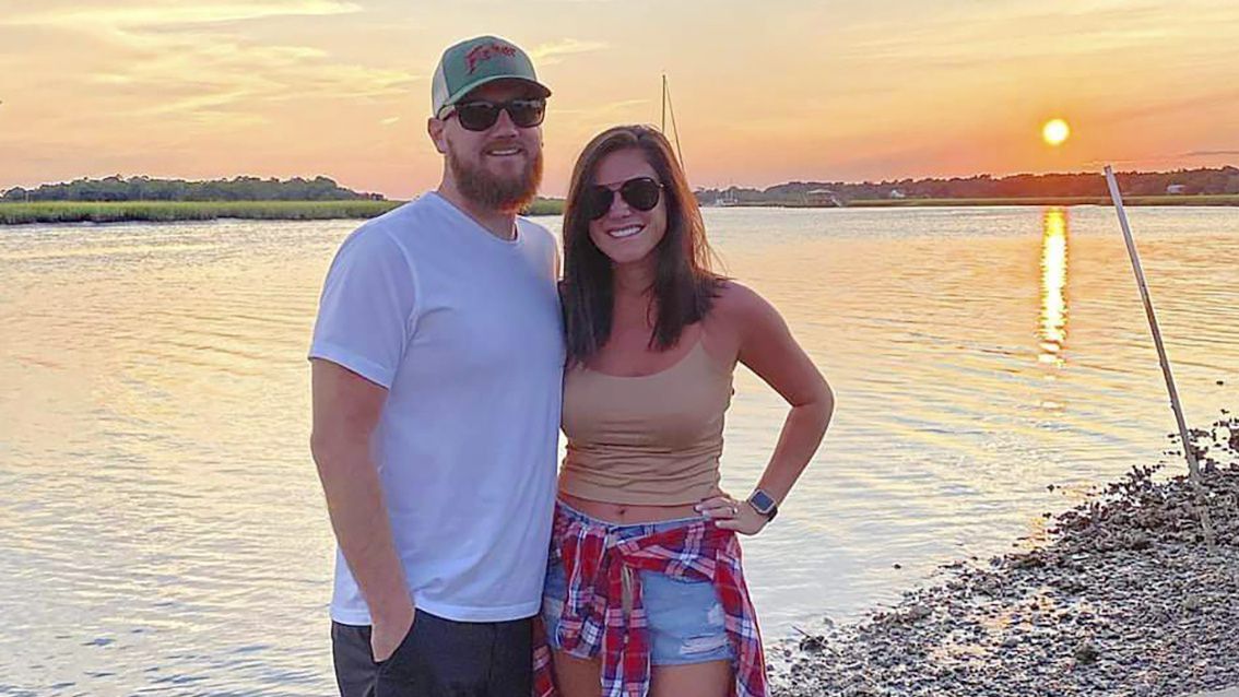 This undated photo shows Samantha Miller and her groom-to-be Aric Hutchinson. Authorities say Miller, a bride leaving her wedding reception was killed when a woman driving under the influence and well over twice the speed limit slammed into the back of a golf cart on a South Carolina beach road, Friday, April 28, 2023. (Family of Samantha Miller via AP)