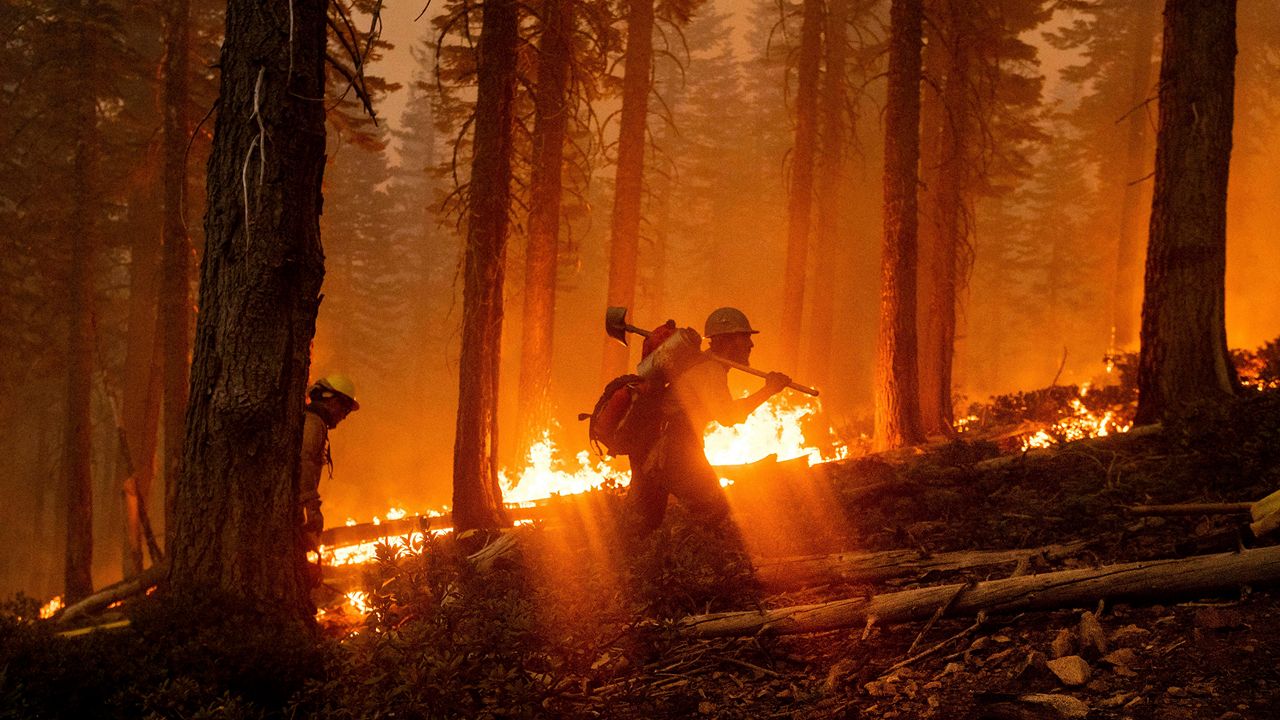 Firefighter Cody Carter battles the North Complex Fire in Plumas National Forest, Calif., on Monday, Sept. 14, 2020. (AP Photo/Noah Berger)