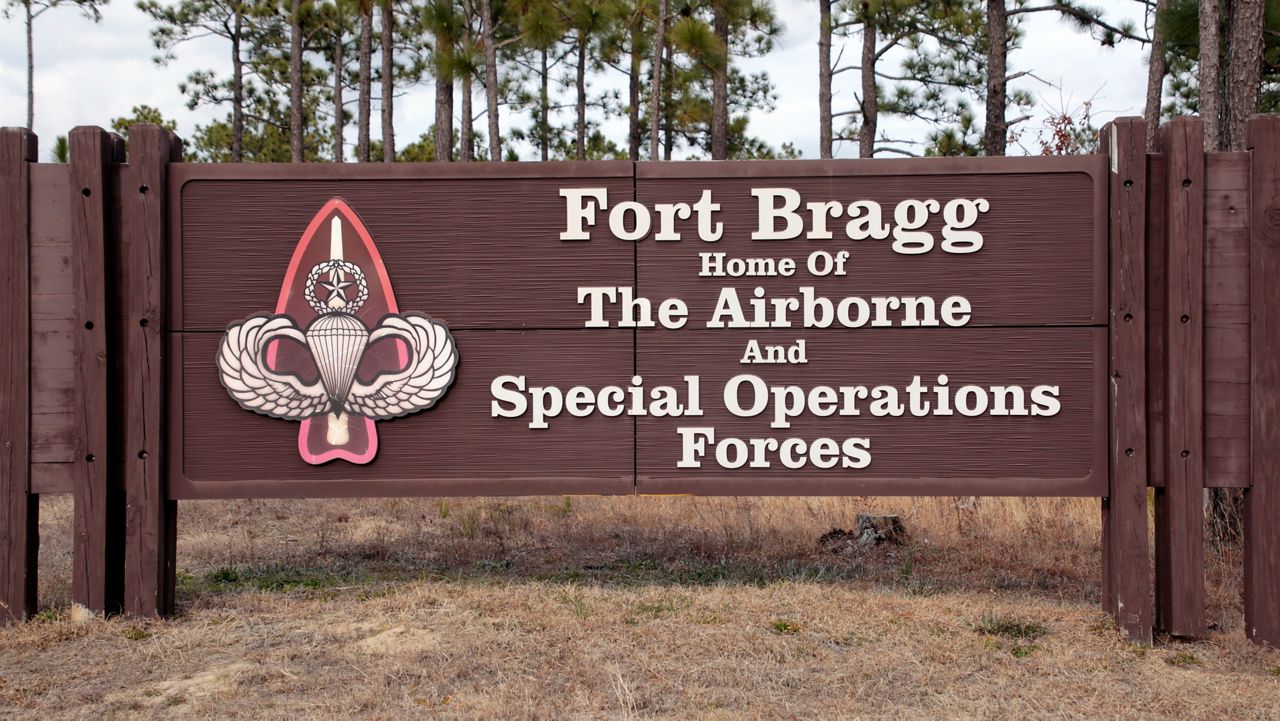 A sign is seen at Fort Bragg, N.C., on Feb. 3, 2022. Killian Mackeithan Ryan, a soldier in the U.S. Army, wrote on Instagram that he joined the military “for combat experience so I’m more proficient in killing” Black people, according to investigators. (AP Photo/Chris Seward, File)
