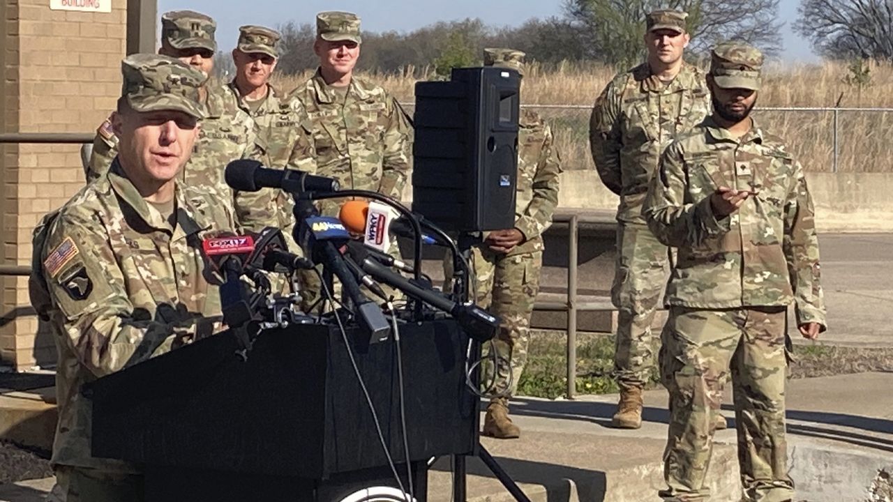 Military officials hold a news conference in Fort Campbell, KY, on Thursday March 30, 2023, to discuss a fatal helicopter crash. Nine people were killed in a crash involving two Army Black Hawk helicopters conducting a nighttime training exercise in Kentucky, a military spokesperson said. (AP Photo/Sharon Johnson)