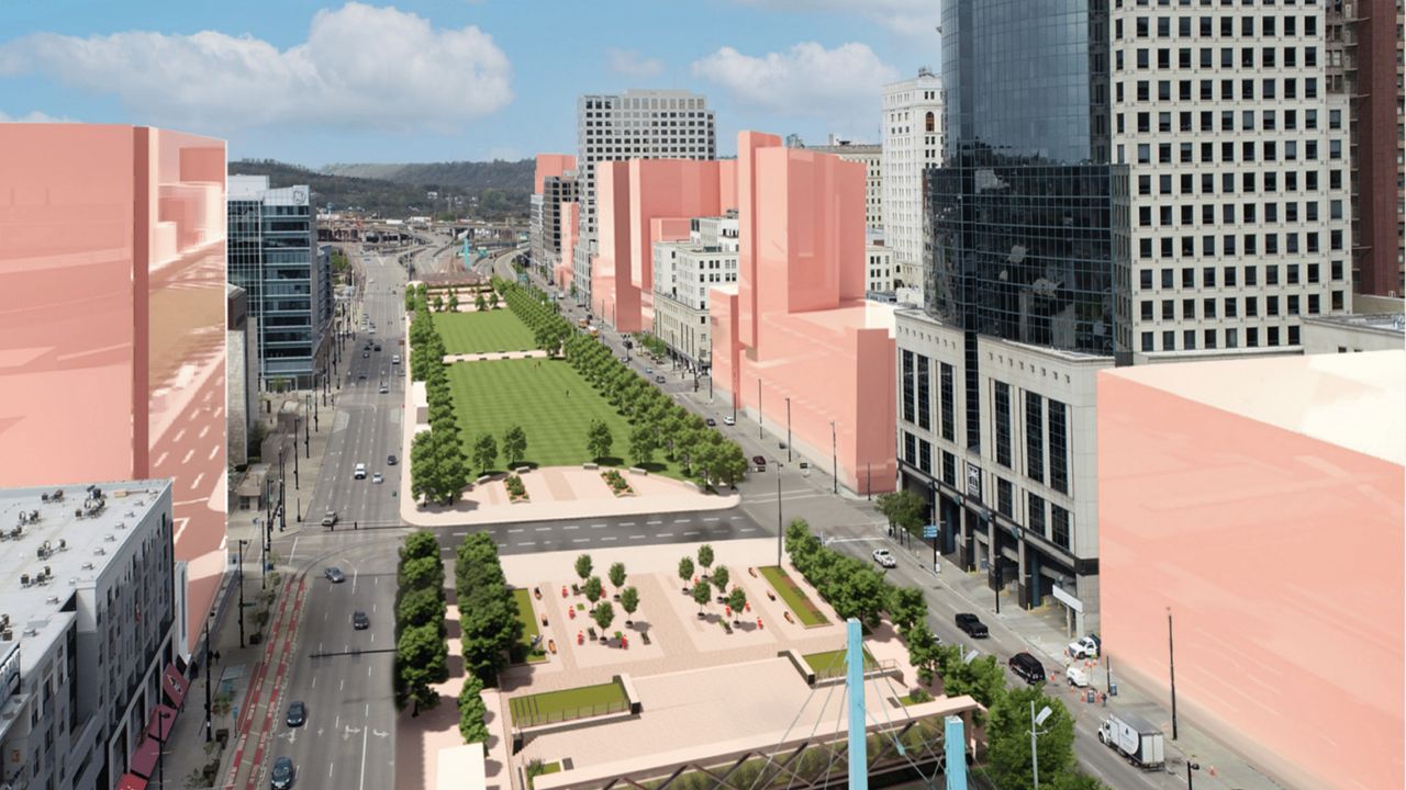 A rendering of the proposed $110 million project to build a cap over Fort Washington Way in downtown Cincinnati. The cap would create park space and a community plaza. (Photo courtesy of Cincinnati USA Regional Chamber)