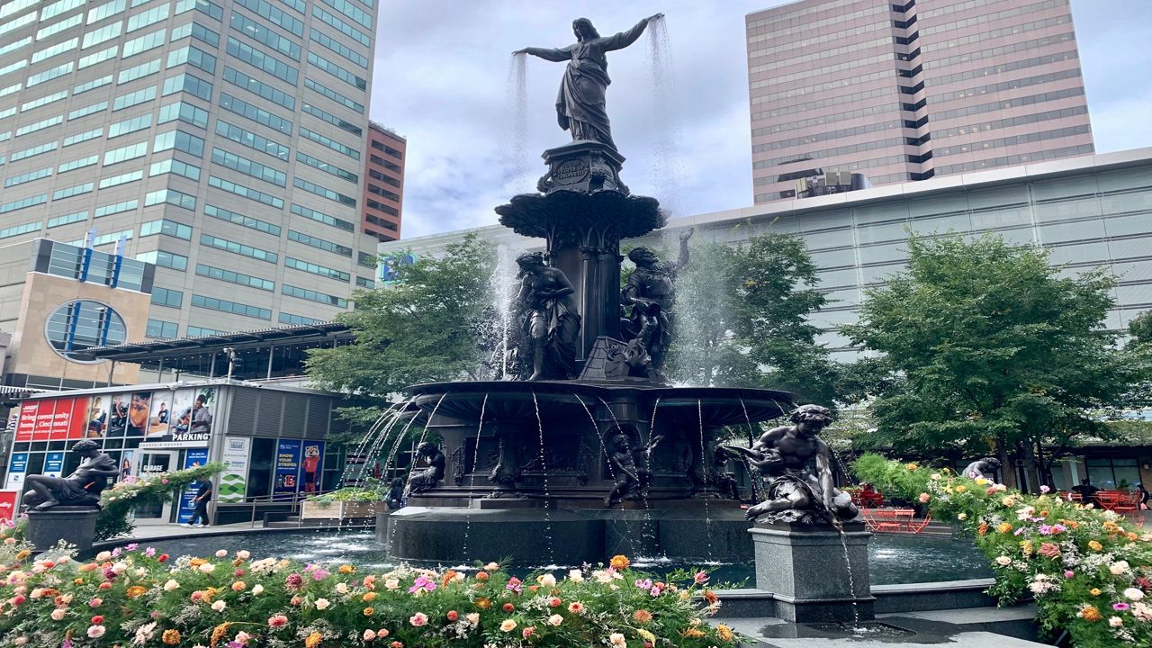 The Tyler Davidson Fountain at Fountain Square in Downtown Cincinnati turned 150 years old on Oct. 6, 2021. (Casey Weldon | Spectrum News 1)