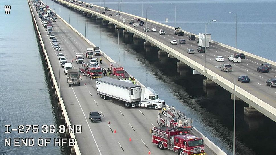 Three lanes on northbound Howard Frankland Bridge are blocked due to a jack-knifed tractor trailer. (Spectrum Bay News 9)