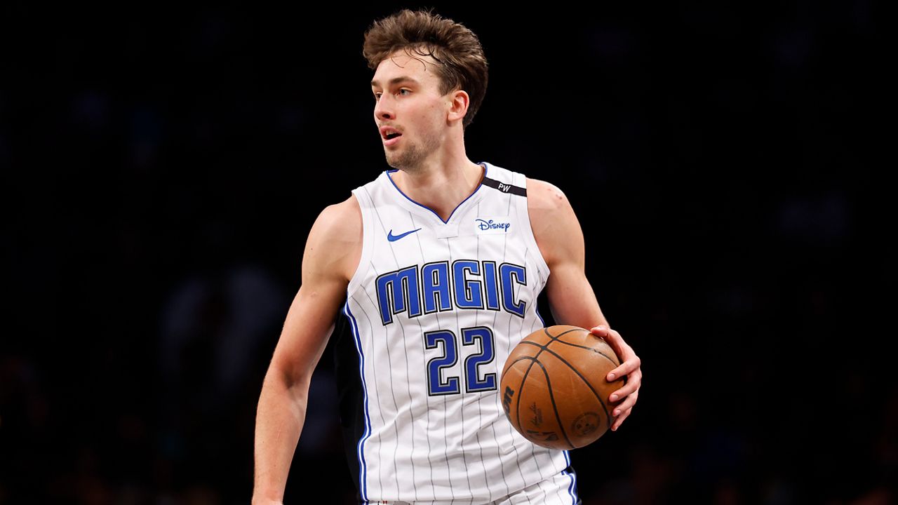 Orlando Magic forward Franz Wagner dribbles against the Brooklyn Nets during the second half of an NBA basketball game, Sunday, Dec. 1, 2024, in New York. (AP Photo/Noah K. Murray)