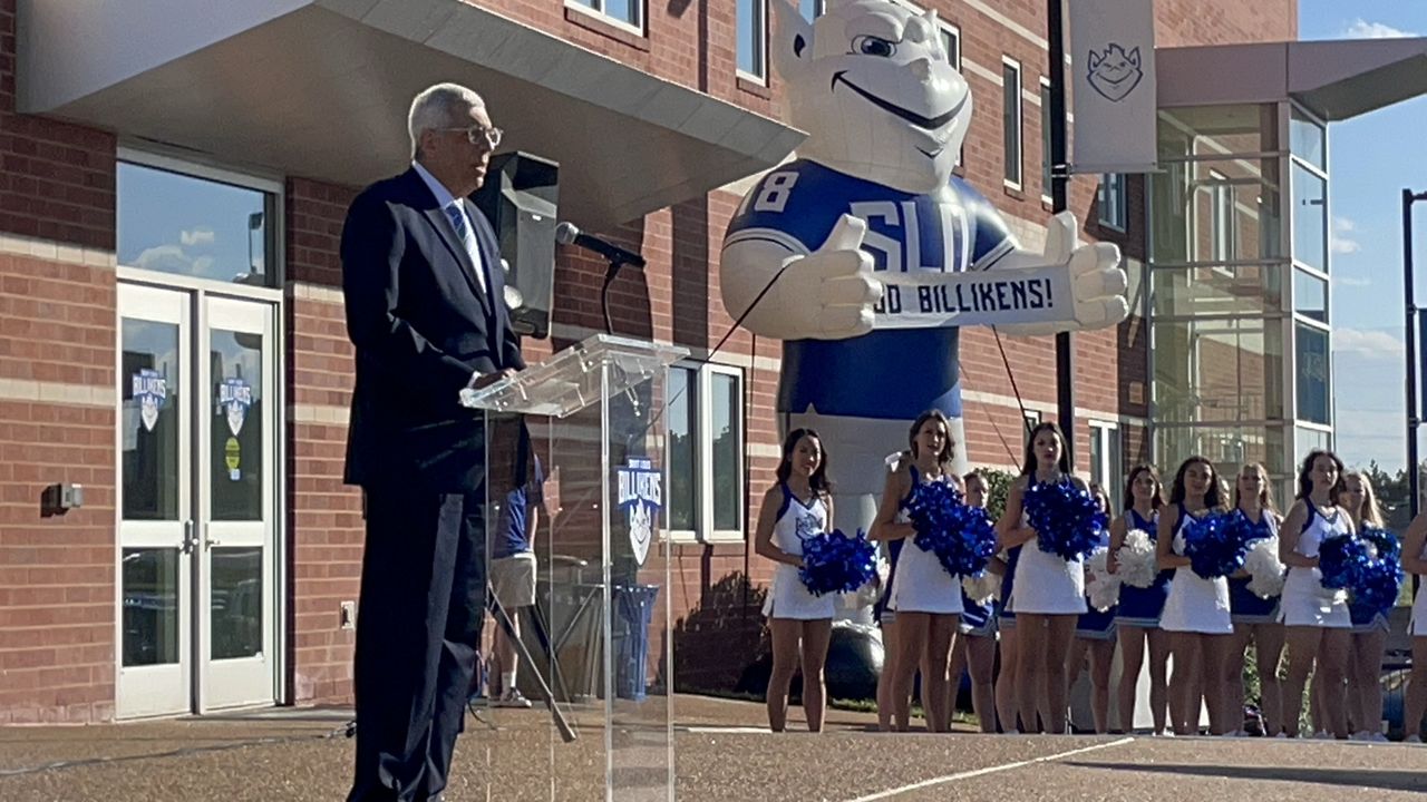 St. Louis University President Fred Pestello celebrating the opening of the O'Laughlin Family building on October 9, 2023. (Spectrum News/Gregg Palermo)