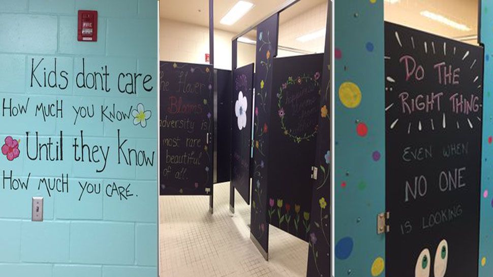 Some of the inspirational messages painted inside the bathrooms at Freedom Middle School in Orange County. (Dawn Meehan, Viewer)