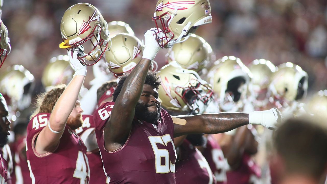 Florida State offensive lineman Jeremiah Byers (63) before an NCAA college football game against Southern Mississippi Saturday, Sept. 9, 2023, in Tallahassee, Fla. (AP Photo/Phil Sears)