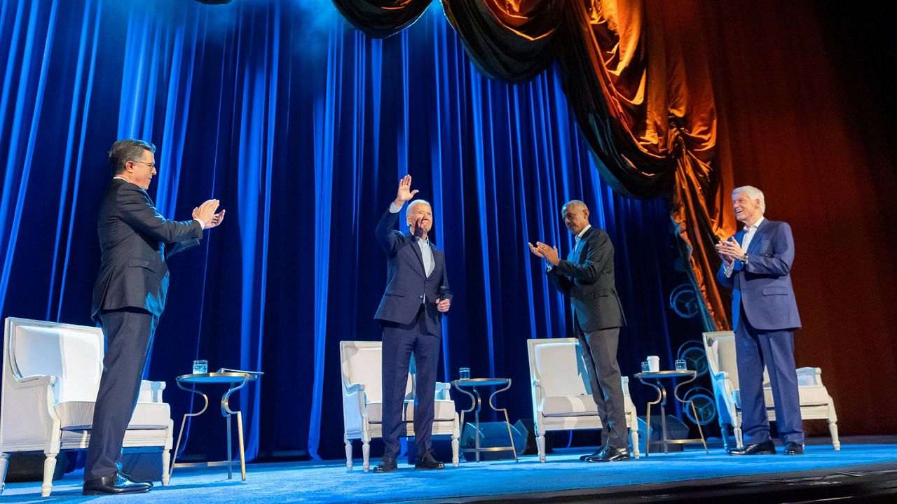 President Joe Biden and former presidents Barack Obama and Bill Clinton participate in a fundraising event with Stephen Colbert, left, at Radio City Music Hall, Thursday, March 28, 2024, in New York. (AP Photo/Alex Brandon)