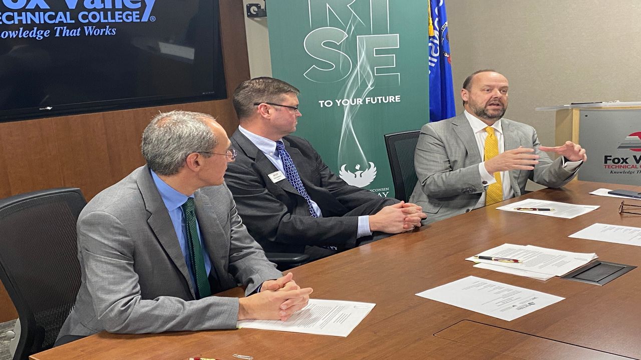 From left, UWGB Chancellor Michael Alexander, FVTC President Dr. Chris Matheny and UWO Chancellor Andrew Leavitt signed two articulation agreements Wednesday.