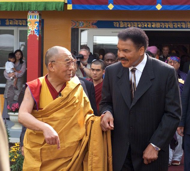 Muhammad Ali meets with the Dalai Lama to consecrate the grounds for the Chamtse Ling (“Field of Compassion”) interfaith temple. (Photo courtesy of Tibetan Mongolian Cultural Center)