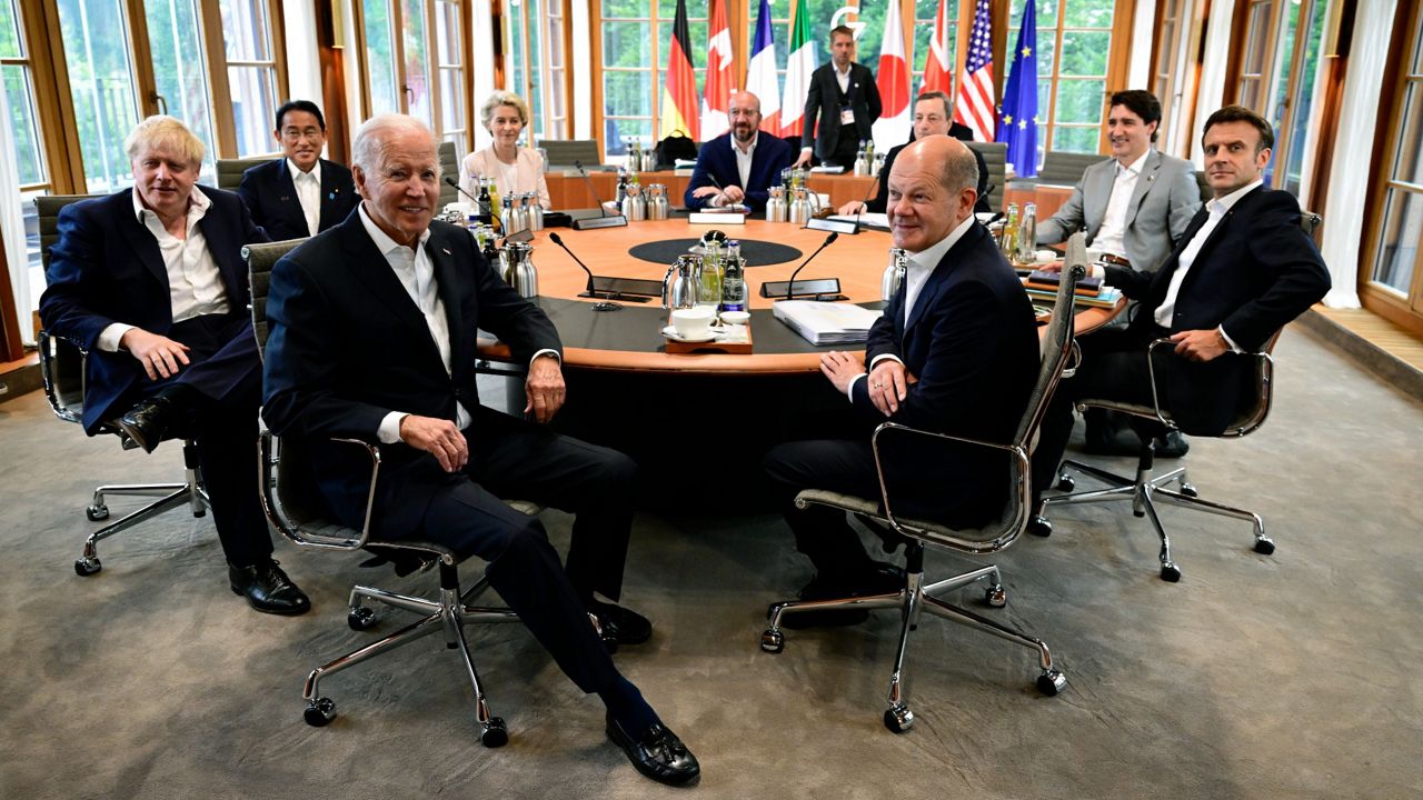 G-7 leaders attend a working session Tuesday during their summit at Castle Elmau in Kruen, near Garmisch-Partenkirchen, Germany. (John MacDougall/Pool Photo via AP)