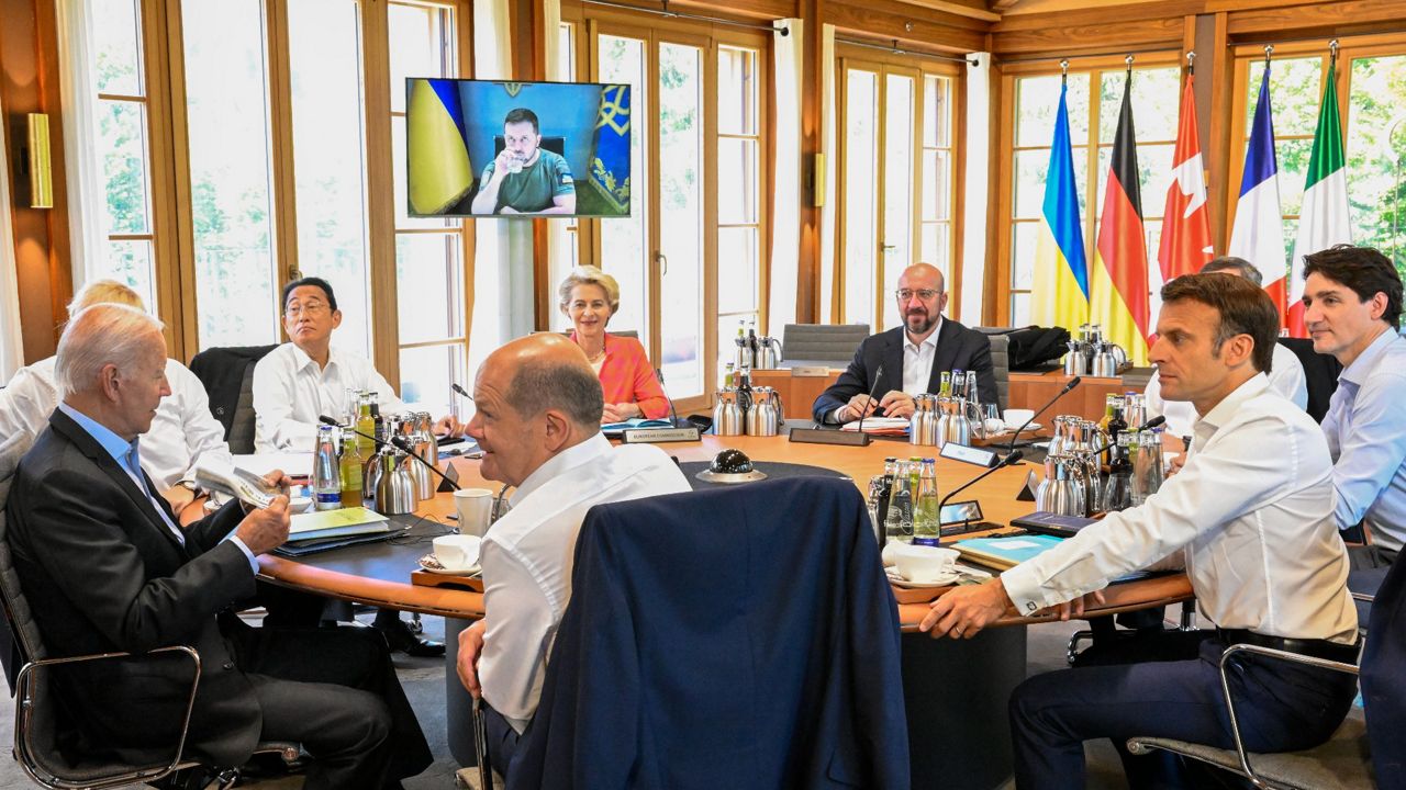 Ukraine's President Volodymyr Zelensky addresses the G7 leaders Monday via video link during their working session at Castle Elmau in Kruen, near Garmisch-Partenkirchen, Germany. (Tobias Schwarz/Pool Photo via AP)