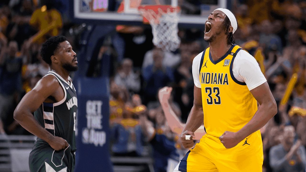 Indiana Pacers' Myles Turner reacts during the second half of Game 4 