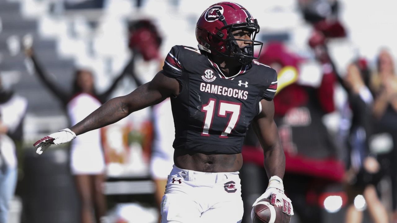 South Carolina wide receiver Xavier Legette (17) looks for teammates after a 65-yard touchdown reception against Jacksonville State on Saturday, Nov. 4, 2023, in Columbia, S.C. (AP File Photo/Artie Walker Jr.)
