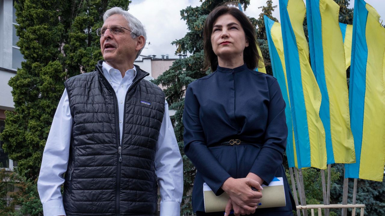 Attorney General Merrick Garland and Ukrainian Prosecutor General of Ukraine Iryna Venediktova, meet in Krakovets, at the Ukraine border with Poland, Tuesday, June 21, 2022. (AP Photo/Nariman El-Mofty)