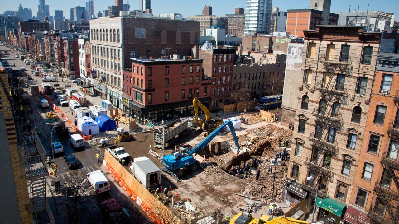 An aerial image of a building that exploded and collapsed in the East Village due to faulty gas line hookups. (AP Photo/Bebeto Matthews)