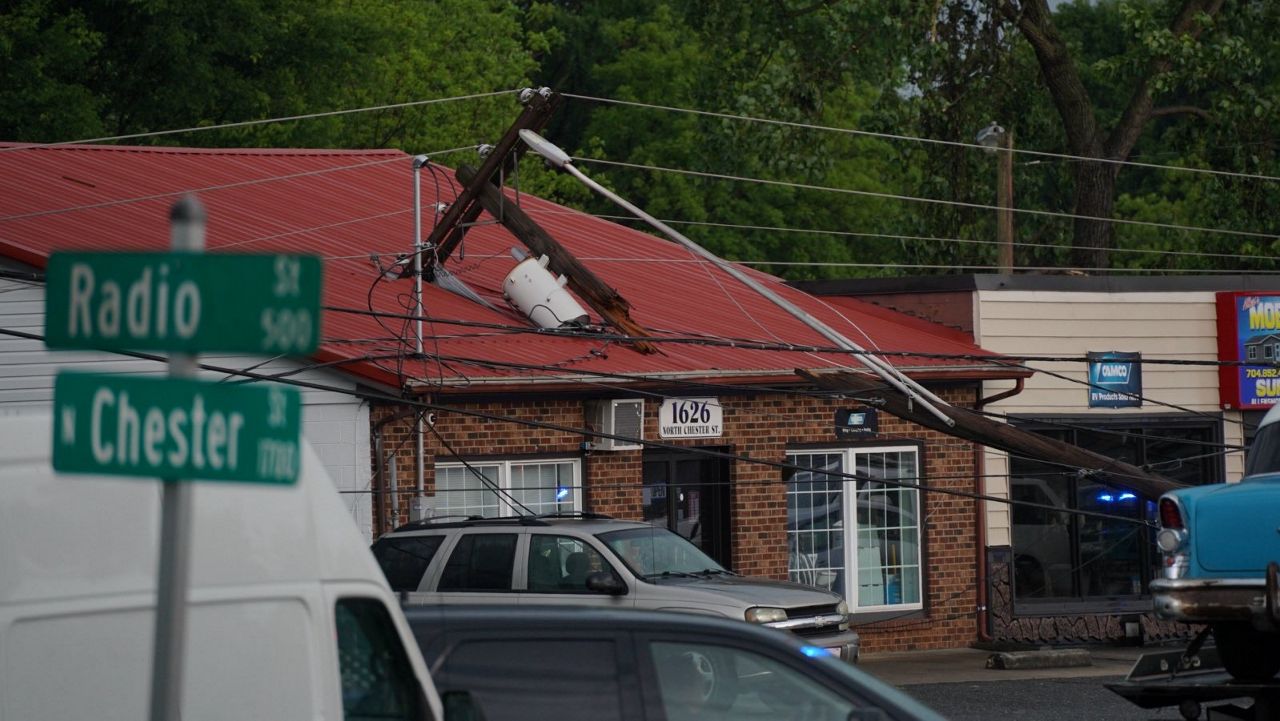 A strong storm Wednesday brought down a utility pole and damaged trees in Gastonia, North Carolina. (Courtesy/Drew King)