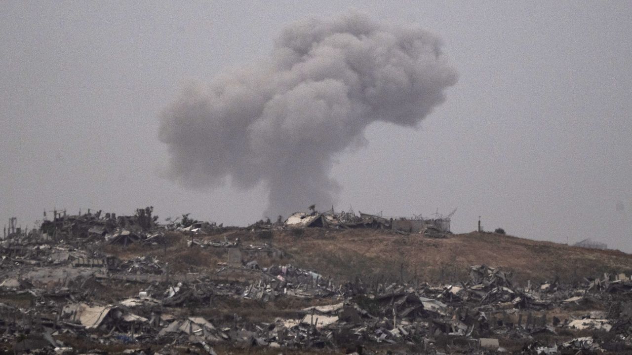 Smoke rises to the sky after an explosion in the Gaza Strip as seen from southern Israel on Thursday, April 25, 2024.