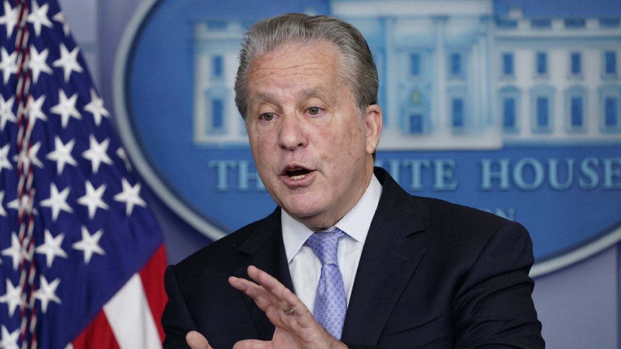 FILE - Gene Sperling, who leads the oversight for distributing funds from President Joe Biden's $1.9 trillion coronavirus rescue package, speaks during the daily briefing at the White House in Washington, on Aug. 2, 2021. (AP Photo/Susan Walsh, File)
